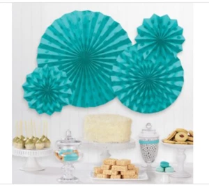 Glitter Caribbean Blue Polka Dot & Chevron Paper Fan Decorations, 4ct - Picture 1 of 4