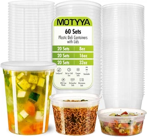 Deli Containers with Leakproof Lids-60 Sets [20Sets-8Oz, 20Sets-16Oz, 20Sets-32O - Picture 1 of 7