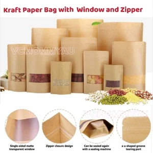 Kraft Paper Stand up Bag Zip Lock Seal Pouch Window Food Storage Packaging - Picture 1 of 5