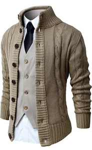 "🧥 Men's Long Sleeve Stand Collar Cardigan Sweater: Button Down, Cable Knitted" - Picture 1 of 7