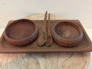 Teak Wood Serving Tray with 2 Bowls and Spoons - Picture 1 of 8