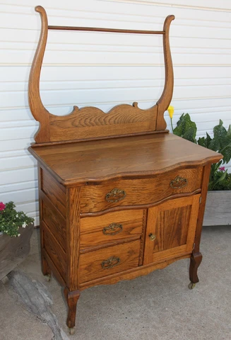 Antique Oak Serpentine Washstand Commode w Towel Bar &Brass Floral Bouquet Pulls Cover