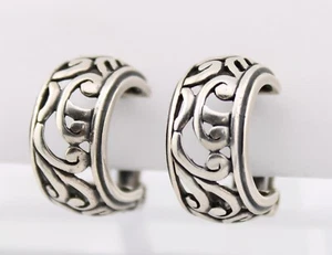 Wide Filigree Scrolls 1" Vintage Sterling Silver 925 Hoop Clip Earrings - Picture 1 of 8
