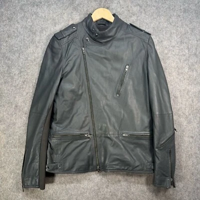 Reiss Leather Jacket Mens Size UK L Petrol Black Biker Zipped-Pockets Motorbike - Image 1 of 4