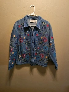 Vintage Tantrums Womens Denim Embroidered Button Up Jacket Size M 90S Floral - Picture 1 of 6