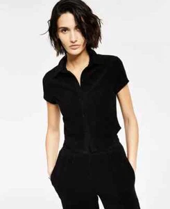 NIA Collared Button Down Short Sleeves Crop Top Shirt Black - Sz S NWT $68 - Picture 1 of 6