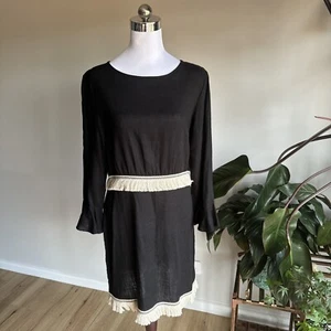 EBBY And I Dress Size 12 L/S Black with Beige Trim Linen/Cotton Blend Dress - Picture 1 of 10