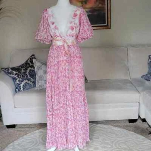 Maxi Vestido Estampado Paisley Arena Rococó Plisado Manga Abullonada Cuello en V Talla S - Imagen 1 de 12