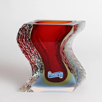 Murano Glas Vase geschwungen Mandruzzato Rindenglas Sommerso rot blau gelb - Bild 1 von 4