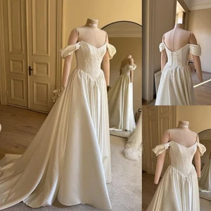 Satin Wedding Dresses Off Shoulder A Line Vintage Elegant Ivory Bridal Gowns - Picture 1 of 12