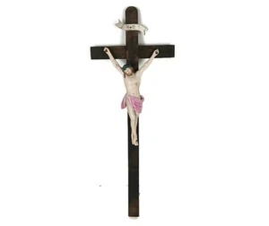antique hanging crucifix wooden cross Porcelain d'Andenne Corpus Belgium - Picture 1 of 7