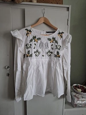 Zara White Cotton Embroidered Long Frill Sleeved  Blouse Size Large - Image 1 of 4