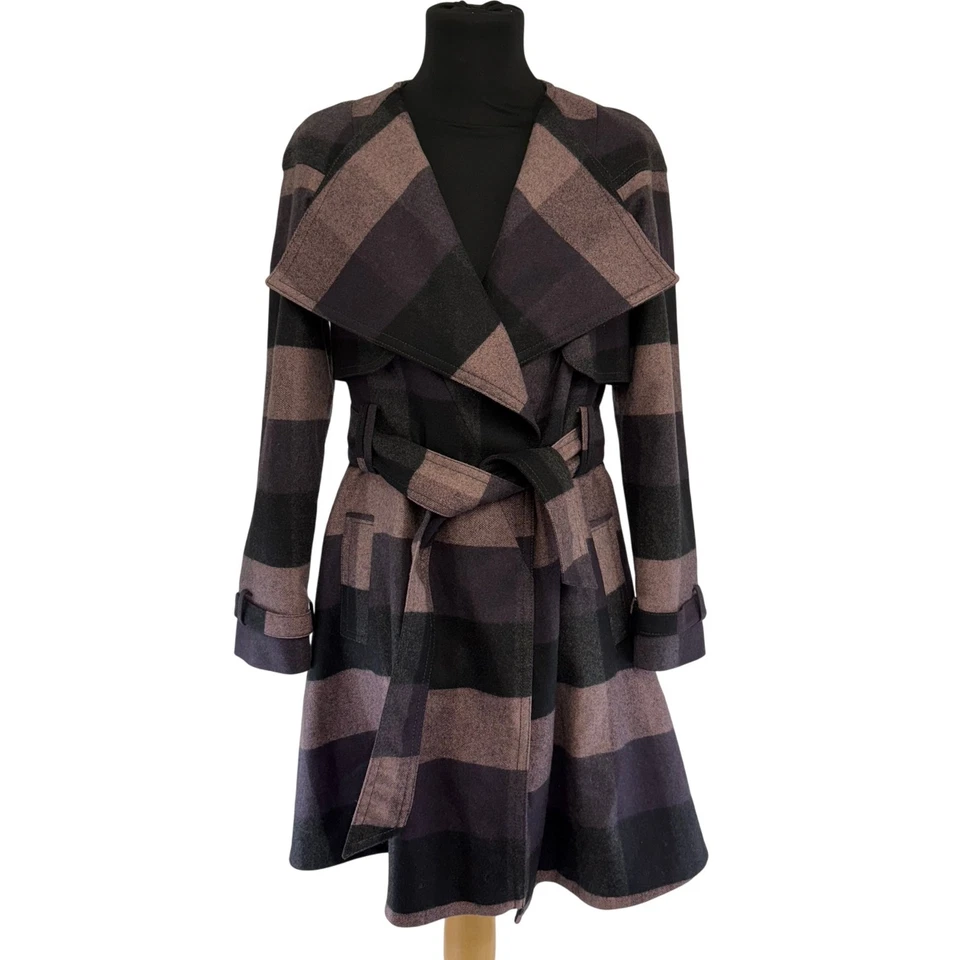 Abrigo Ted Baker Mezcla Lana Patrón Cuadros Cinturón Púrpura Talla 4 Foto 1 de 4
