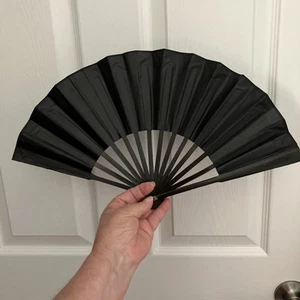 Vintage Black Mourning Folding Hand Fan Wood Fabric w/ Brass - Picture 1 of 4