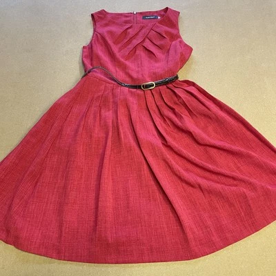 Ellen Tracy Dress Womens Medium Red Fit Flare Sleeveless Pleated Belted Classic - Image 1 of 4