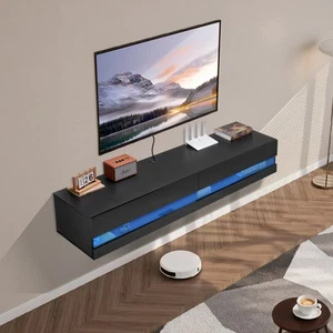 Floating TV Stand 71" Entertainment Center Power Outlet & LED Light Black - Picture 1 of 12