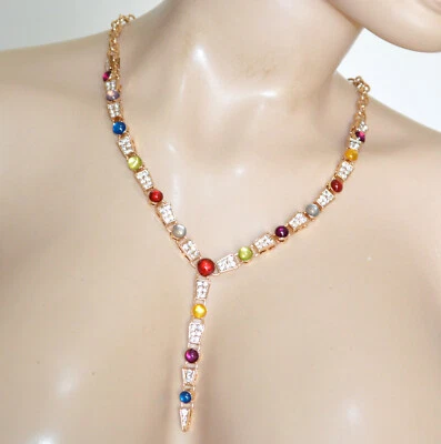 Collana donna oro dorata girocollo lunga cristalli blu rosso verde strass UN42 - Immagine 1 di 4