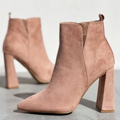 NEW Pointy Toe Geometric Triangle Block Heel Cutout Side Suede Ankle Bootie Boot - Image 1 of 4