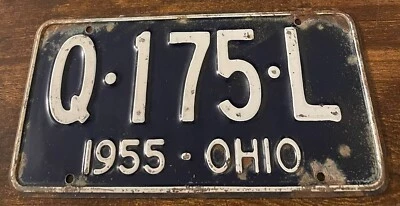 Винтажный номерной знак 1955 Ohio Q-175-L 12 дюймов x 6 дюймов - Изображение 1 из 2