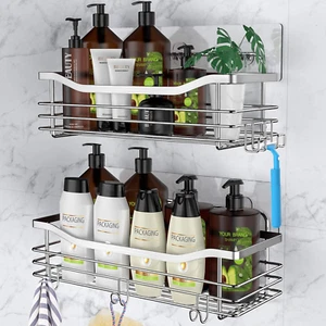 Shower Caddy Basket Shelf with 5 Hooks Adhesive Organizer Storage Rack Rustproof - Picture 1 of 5