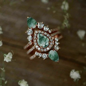 Pear Cut Moss Agate &Diamond Bridal Three Ring Set, Matching Stackable Band Ring - Picture 1 of 3