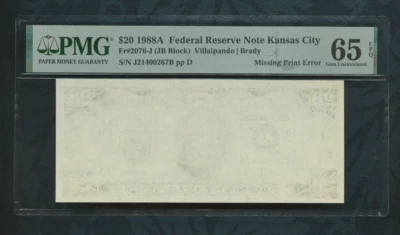 1988A FRN Kansas City $20 dólares Fr# 2076-J PMG 65 EPQ "Error de impresión faltante" Foto 1 de 2