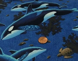 Orca Dolphin Turtle Fish Swimming*Royal Blue Water* Cranston *100% Cotton*8"x22" - Picture 1 of 5