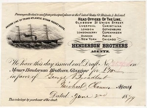 Anchor Line Trans Atlantic Steamships Henderson Bros. Glasgow Confirmation c1879 - Picture 1 of 2