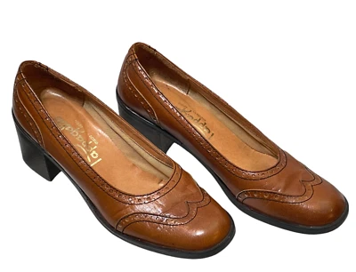 Pappagallo 皮革一脚蹬高跟鞋女式 6N 复古西班牙制造棕色方跟 — 第 1/4 张图片