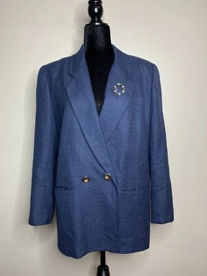 Doncaster Womens Sz 8 - 100% Silk Navy Blue Tweed Button Dress Jacket Blazer - Image 1 of 4