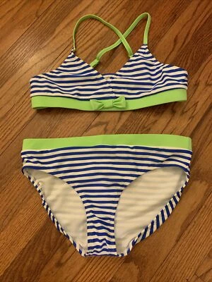Traje de baño Land's End para niñas talla 16 verde/azul/blanco a rayas conjunto de 2 piezas Foto 1 de 4