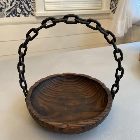 Rustic Wooden Basket with Old Rusty Chain handle Western Or Boho Decor Cover