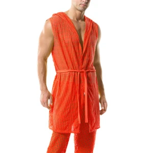 Mens Fishnet Kimono Robes Sleepwear Hollow Out Hooded Pajamas Bathrobe With Belt - Picture 1 of 86
