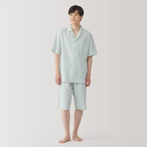 Pijama de manga corta MUJI Seersucker 100 % algodón orgánico a rayas verdes FedEx - Imagen 1 de 11
