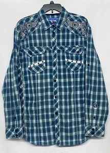 Austin Season Embroidered Blue Plaid Long Sleeve Button Up Western Shirt Men's L - Picture 1 of 14