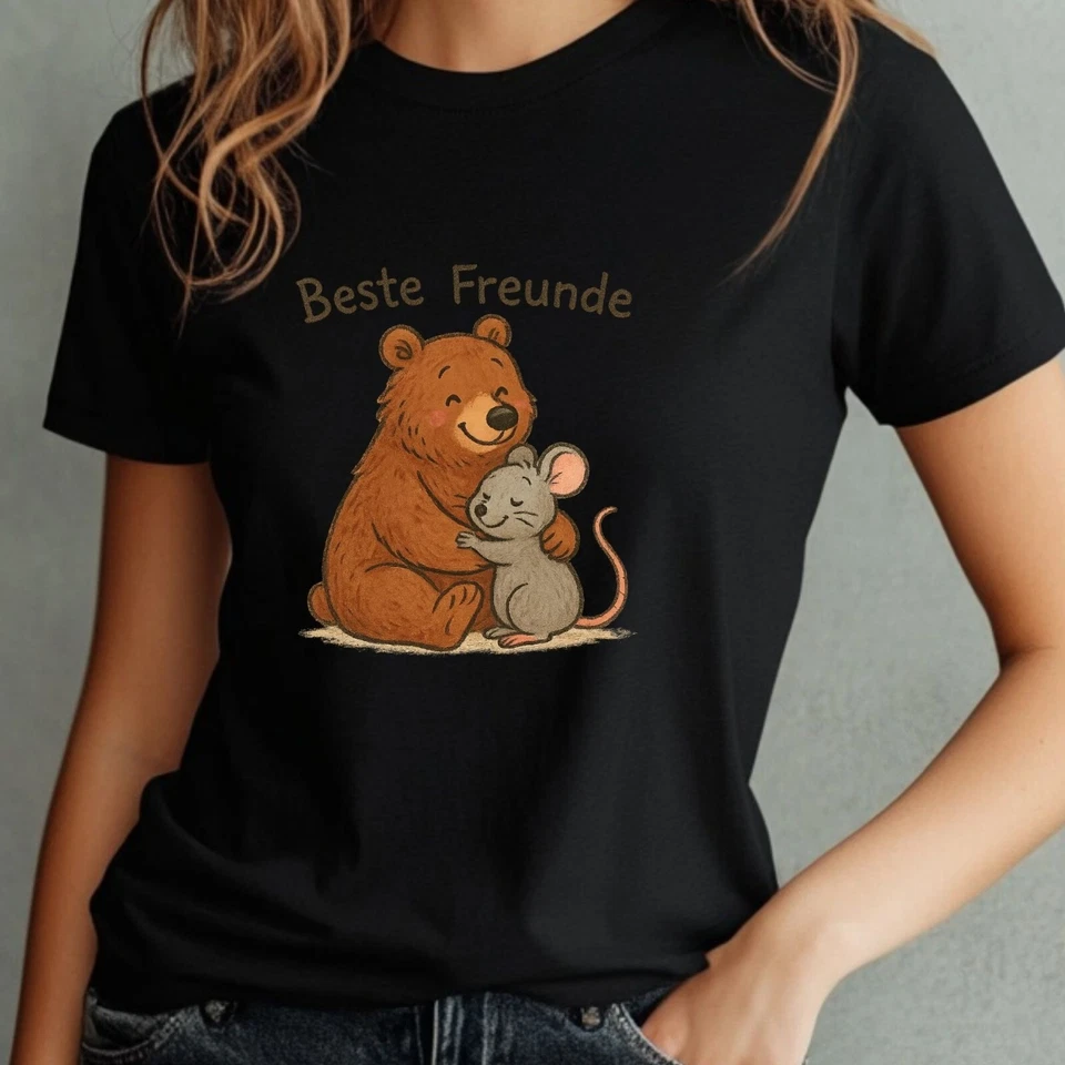 T-Shirt Frauen Maus und Bär Freunde Motiv Baumwolle Größe S bis 3XL - Bild 1 von 1
