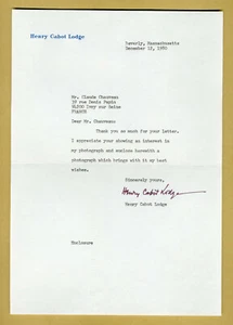 Henry Cabot Lodge Jr. (1902-1985) - US Senator - Signed letter & biography - COA - Picture 1 of 4