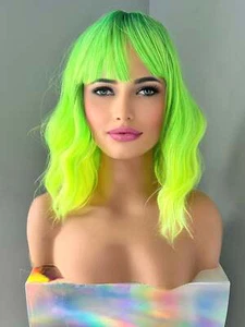 Neon Green Short Wavy Wig, 14 Inch Vibrant Yellow Green Ombre Wig - Picture 1 of 7