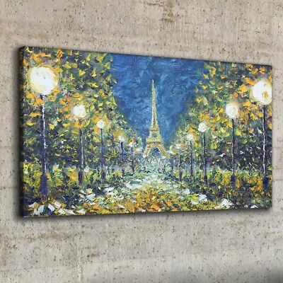 Canvas Wandbild Leinwand Bilder 100x50 Ölgemälde Park Bäume Eiffelturm Nacht - Bild 1 von 4
