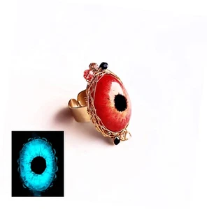 Glow in the Dark Red Orange and Gold Eye Adjustable Ring with Swarovski Crystals - Picture 1 of 8