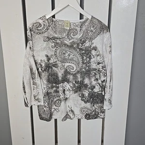 Jess & Jane Flower Paisley Studded Rhinestone Grey Shirt L Artsy Embellished - Picture 1 of 7