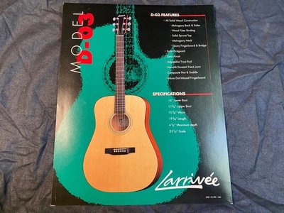 Larrivee D-03 Acoustic Guitar Handout Spec Sheet 8x10 1998 - Image 1 of 2