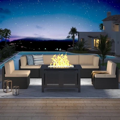 8 Piece Outdoor Patio Furniture Set with Fire Pit Table, Tea Table and Cushions - Image 1 of 4