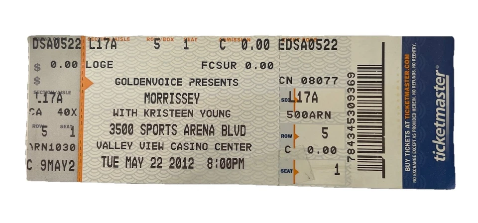 Morrissey With Kristeen Young Ticket Tuesday May 22, 2012 San Diego, CA 5/22/12 - Image 1 of 2