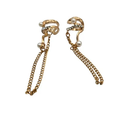 Ear Cuff Earrings Chain Dangle Seed Pearls Imitation Modern Style Gold Tone - Image 1 of 4