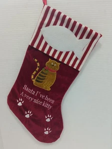 Christmas Stocking Velvet Felt Kitty Whimsical Embroidered Graphic Red White - Picture 1 of 7
