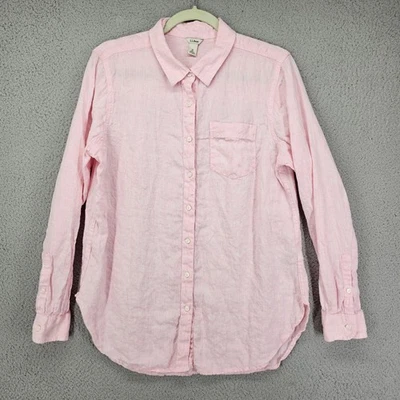LL Bean Tunic Shirt Womens Medium Pink Linen Button Down Long Sleeve Washable - Image 1 of 4