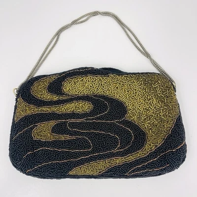VTG Beaded Evening Bag Purse Made Hong Kong Black Gold Silk Lining Glam Formal - Image 1 of 4