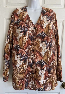 Vtg Mad About Scrubs Button Long Sleeve Jacket Top Horse/Horses Print Womens M/L - Image 1 of 4