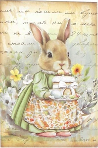 Cartolina pasquale vintage RETRO antica NUOVA RISTAMPA giardino coniglietto coniglio grembiule - Foto 1 di 2